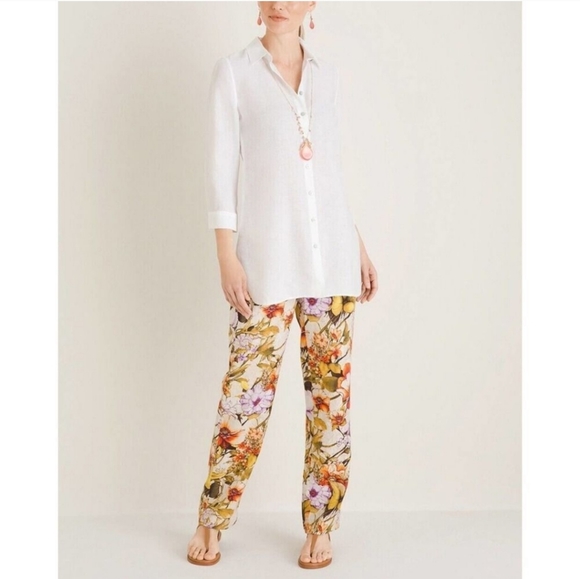 Chico's 100% Linen Elastic Floral Straight Leg Pant 00R - Picture 2 of 7